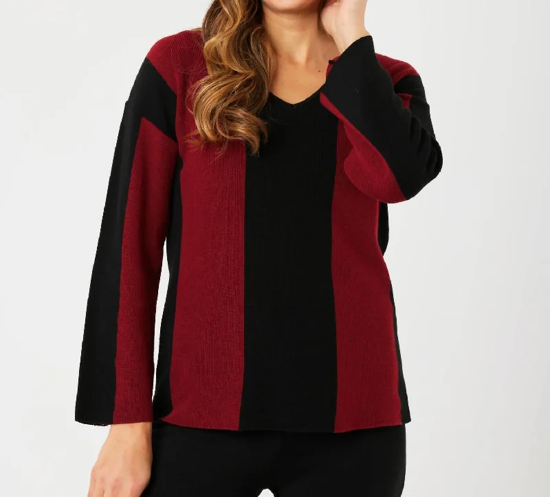 Stylish Basics V-Neck Ribbed Sweater In Black/wine