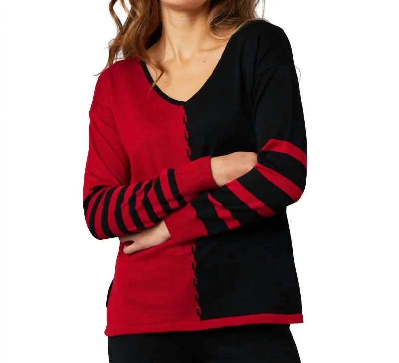 Seize Bargains V-Neck Cable Sleeve Sweater In Black/red