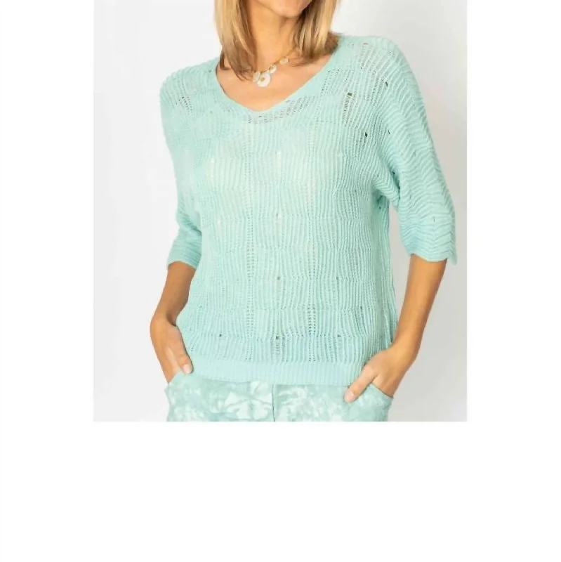 Trendy Aesthetics Chic Breeze V Neck Open Weave Sweater In Aqua